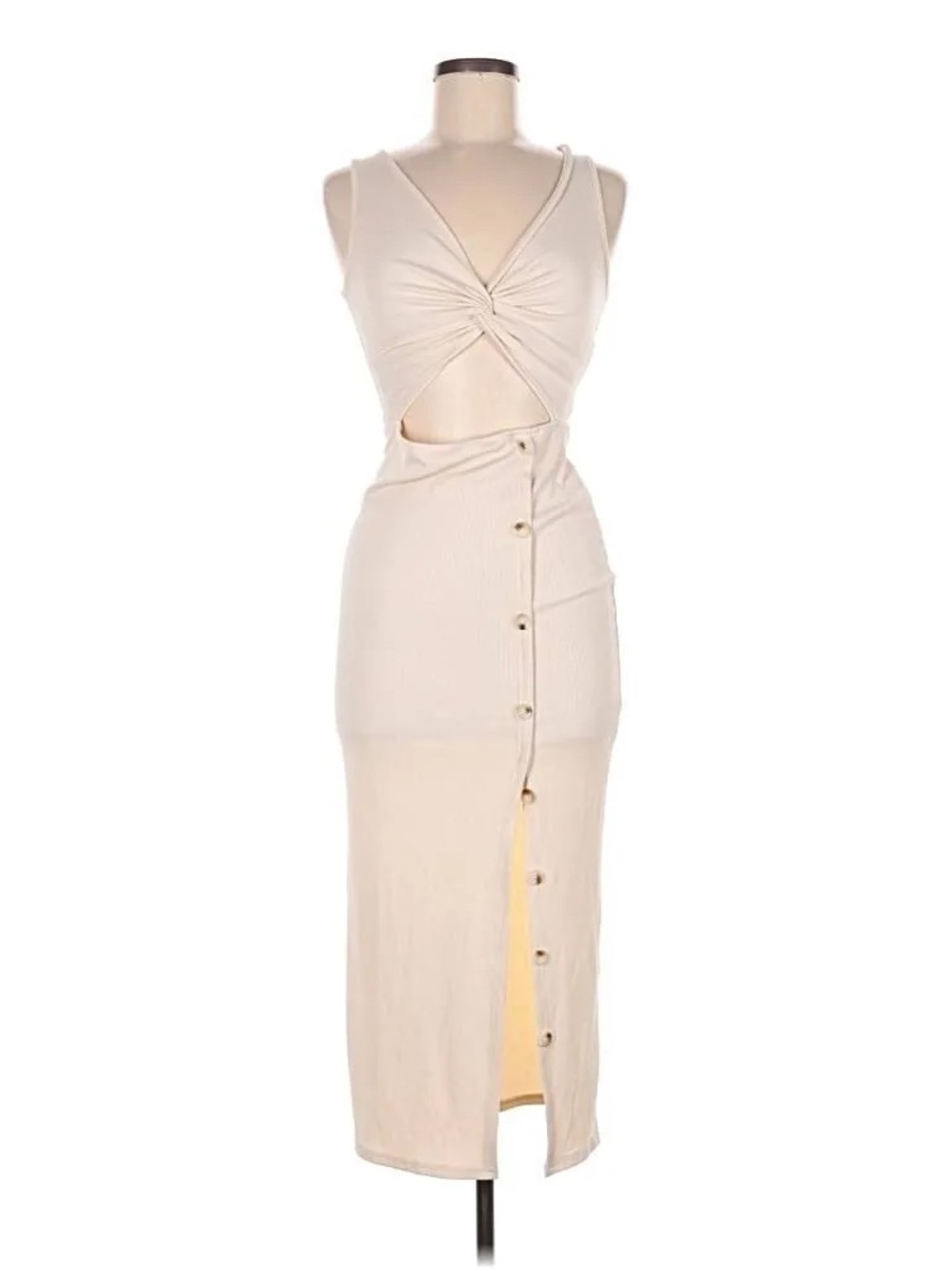 SHEIN Cream Twist Front Cutout Button-Down Midi Dress